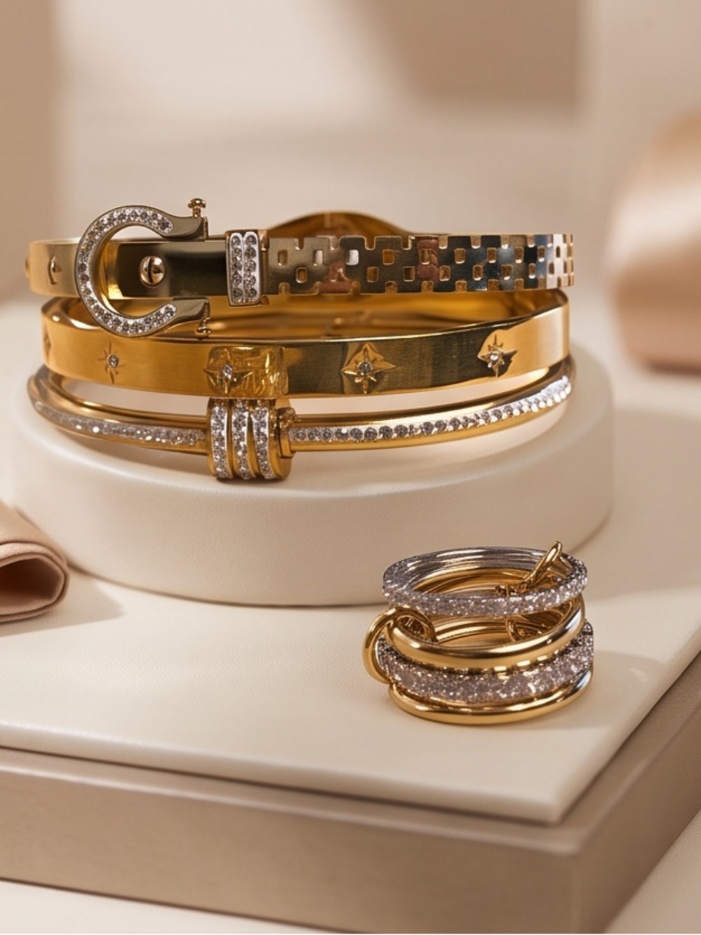 ON SALE 4 Pc Gold Bangle & Stacking Ring Set | 18K Gold-Plated Stainless Steal
